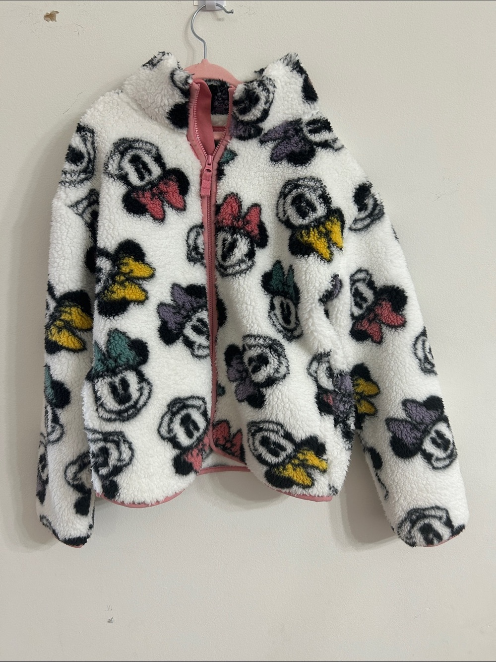 Disney White Fleece Jacket with Pink Trim and Multicolor Minnie Print